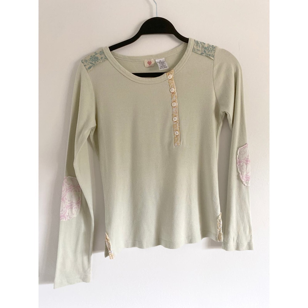 Anthropologie‎ Women's Top Off Center Buttons Silk Patches Pale Sage Cotton
